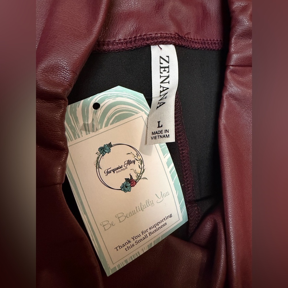 NWT Zenana Burgundy Maroon High Rise Full Length Faux Leather Leggings L - Picture 9 of 10